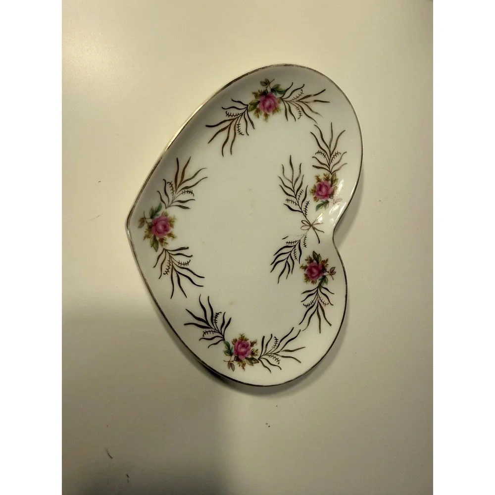 Vintage Irice Hand Painted Heart Trinket Dish Pink Roses Gold Trim Porcelain
